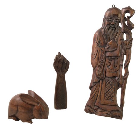Carved Wood Mano Fico, Rabbit (with Hidden Compartment) & Shao Lao Figure - #S6-3