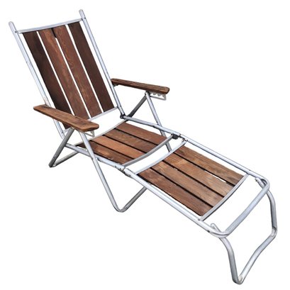 Mid-Century Aluminum & Redwood Folding Chaise Lounge Chair - #BR