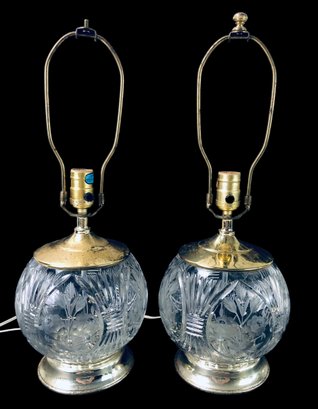 Vintage Floral Etched Glass Table Lamps (WORKS) - #S14-4