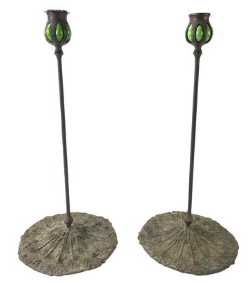 Queen Anne's Lace Bronze & Green Favrile Candlesticks (One Marked Tiffany Studios) - #S1-5
