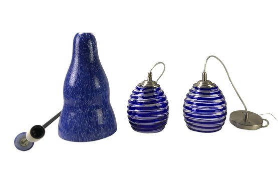 Collection Of Blue Spatter Glass & Blue Swirl Glass Pendant Lights - #W1