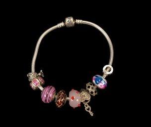 Pandora Sterling Silver Bracelet With Assorted Charms - #JC