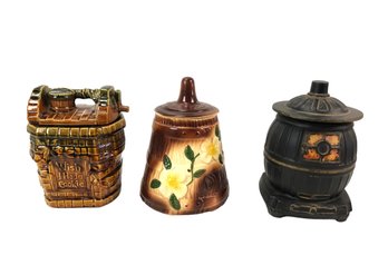 Vintage McCoy Cookie Jars: Butter Churn, Wishing Well & Pot Belly Stove - #S10-1