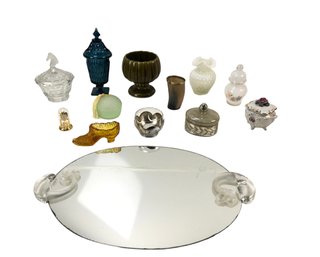 Mirrored Vanity Tray, Fenton Vase, Enesco Unicorn Crystal Bowl, Horn Cup, McCoy & More - #BLS