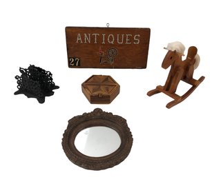 Antiques Sign, Cast Iron Letter Holder, Carved Wood Box, Rocking Horse & Mirror - #S13-2