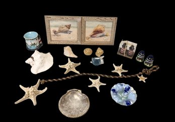 Collection Of Coastal Decor: Seashells, Glass Paperweight, Barbara Fleri Artworks & More - #S3-1