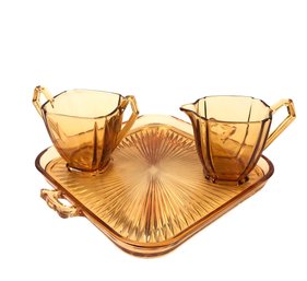 Vintage Amber Glass 3-Piece Serving Set: Creamer, Sugar & Serving Tray - #S6-3
