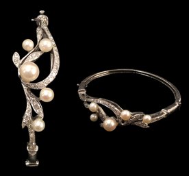 Vintage 14K White Gold Bangle Bracelet With 5 Akoya Pearls & Small Single Cut Diamonds - #JC