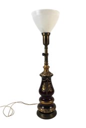 Cranberry Glass & Brass Torchiere Table Lamp With Shade, Possibly Stiffel, WORKS - #S8-5