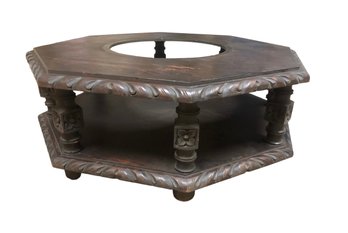 Spanish Revival Style Carved Wood Octagon Brazier Coffee Table, Possibly Walnut - #BR