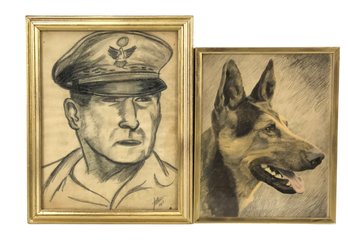 Signed 1964 Portrait & German Shepherd Graphite On Paper - #S12-2