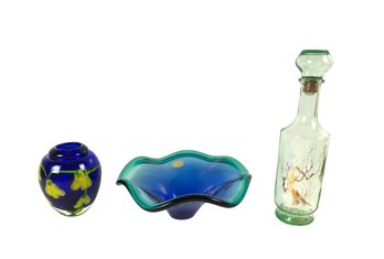 Murano Glass Striped Bowl, Murano Glass Flower Vase & Hand Painted Decanter - #S10-2