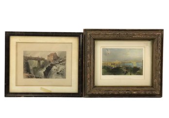 Hand Colored Steel Engravings: Bridge At Glens Falls & Boston Dorchester Heights - #S12-3