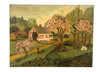 1958 Signed Farmhouse Landscape Oil On Board Painting - #S12-4