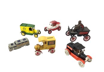 Collection Of ERTL Ford Model T Coin Banks, Toy Greyhound Bus & Cast Iron Wagon - #S9-1