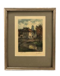 Hand Colored French Village Landscape Engraving, La Petite Epicerie, Signed - #BW-A6