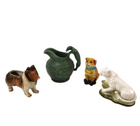 Green Glaze Greyhound Pitcher, Collie Planter, Chalk Ware Sitting Dog & Leopard Statue - #S10-3