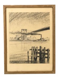 Signed 1939 Hudson River New York City Skyline Graphite On Paper - #RBW