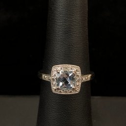 10K White Gold Ring With Blue Topaz & Diamonds, Size 7 - #JC