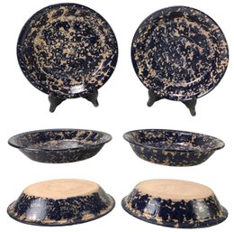 1995 Signed Cobalt Blue Spongeware Studio Pottery Pie Plates (Set Of 2) - #S10-2