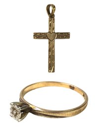 10K Yellow Gold Cross With Heart Pendant & Ring (Size 6-1/2) - #JC-B