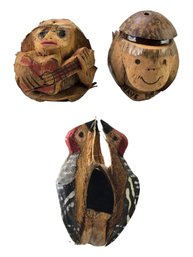 Hand Carved Coconut Birdhouse & Monkey Decor - #S19-2