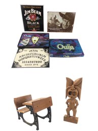 Ouija Board Game, American Girl Desk, Signed Tiki Figure, John Wayne & Jim Beam Metal Signs - #S14-2