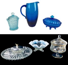 Hand Blown Cobalt Blue Glass Pitcher, Fenton Candy Dishes, Opalescent Footed Bowl & More - #S4-3