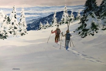 1984 Signed Harry Swanson Winter Landscape Watercolor Painting, 'Mountaineering' - #S27-3