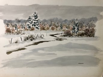 1984 Signed Harry Swanson Winter Landscape Watercolor Painting, 'Pine Brook' - #S27-3