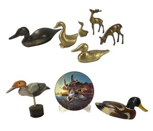 Wood Mallard Duck Decoy, Brass Duck & Deer Figures, Mallards At Sunrise Plate (L. Katz) - #S18-3
