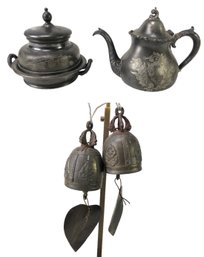 Silver Plated Butter Dish, Teapot & Temple Bells - #S3-4