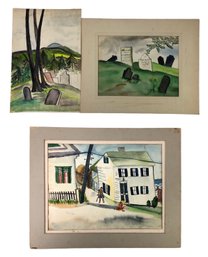 1944 Signed Coastal Landscape & 1944 Signed Graveyard Landscape Watercolors - #S12-5R