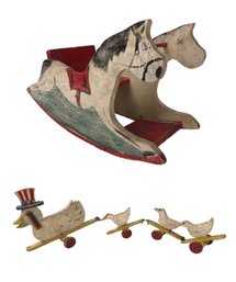 Vintage Folk Art Hand Painted Decorative Wooden Rocking Horse & Duck Pull Toy - #S2-1