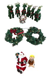 Artificial Christmas Wreaths & Reindeer, Ceramic Santa Pitcher, Santa Doll & Barney Rubble Doll - #S8-5