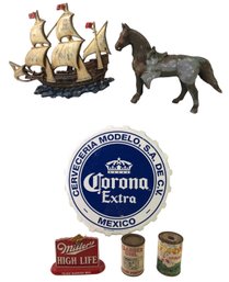 Vintage Cast Iron Clipper Ship Wall Plaque, Cast Metal Horse Figure, Beer Signs & More - #S3-1