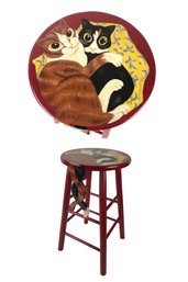 1993 Signed P. Hauserman Hand Painted Cats With Entwined Tails Stool - #S14-4