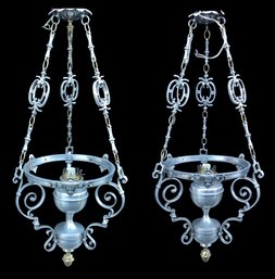 Art Nouveau Style Electrified Hanging Lamps With Nickel & Brass Finish (Set Of 2) - #S2-5