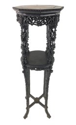 Antique Chinese Carved Rosewood & Marble Top Plant Stand - #FF