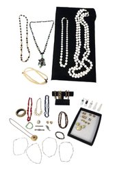 Collection Of Costume Jewelry: Estee Lauder Compact Pendant, Rings, Beaded Necklaces & More - #S18-3