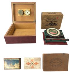 Wood Cigar Humidor With Hygrometer, Vintage Simplex Typewriter & Decorative Boxes - #S14-2