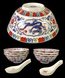Chinese Ceramic Soup Bowls & Spoons (Service For 6) - #S8-2