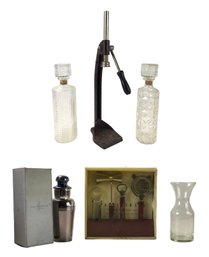 Pottery Barn Cocktail Shaker & Bar Tool Set, Bottle Capper, MCM Decanters & Carafe - #S7-1