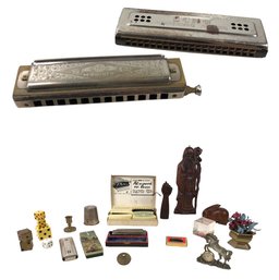 Vintage M. Hohner Harmonicas, GAS Brother-Lite Lighter, Brass Dice, Lucite Paperweight & More - #S3-2