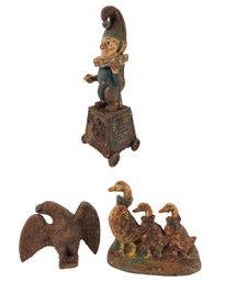 Cast Iron Five Cent Cigars Jester Coin Bank, Cast Iron Geese & American Bald Eagle Doorstops - #S19-3