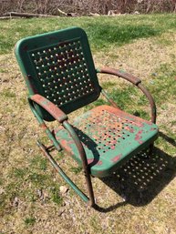 Mid-Century Green Metal Basketweave Outdoor Rocking Chair - #BOB