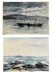 Signed George R. Cummings Ship Harbor & Signed Coastal Landscape Watercolor Paintings - #S23-3
