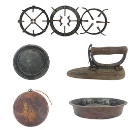 Antique Hammered Tinned Copper Gratin Pan, Cast Iron Stove Top Burner Grates & Sad Iron - #S12-2