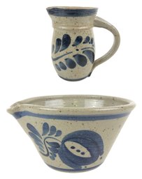 Vintage Westerwald Salt Glazed Stoneware Pottery Mixing Batter Bowl & Creamer, Signed - #S16-4