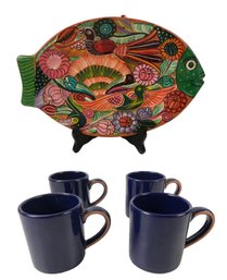 Dansk Terra Cotta Blue Mugs & Decorative Mexican Hand Painted Folk Art Fish Platter - #S4-2